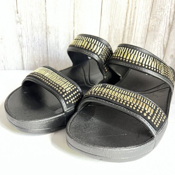 Slip on sandals, black w gold beads on straps, size 8 US - Picture 15 of 16